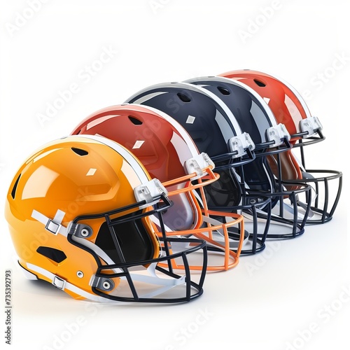 Side view of an American football helmet with various colors isolated on white