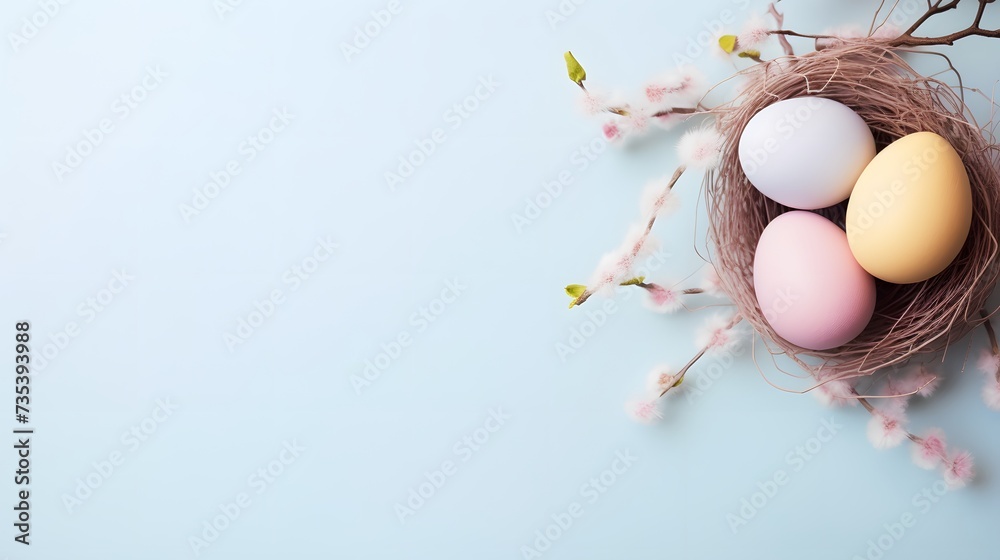 A easter egg pastel background with dry real branch of tree top view