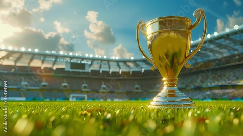 The golden cup of soccer, located in the center of a stadium for soccer