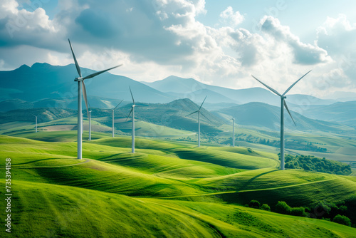 Wind turbines in the field. Renewable energy concept and environmental protection. Beautiful nature background.