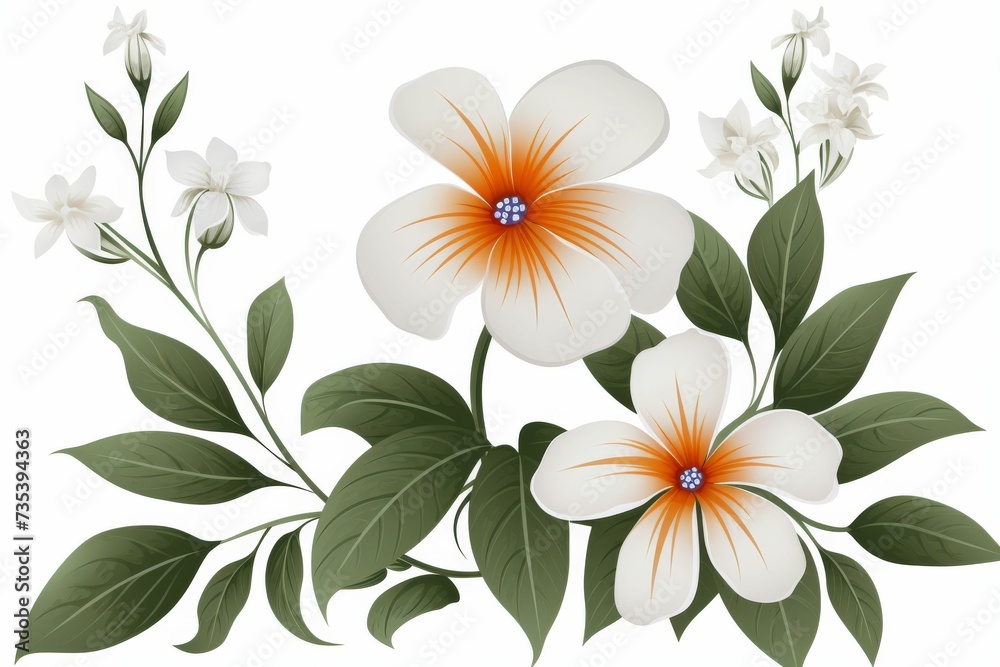 Three White Flowers With Orange Centers and Green Leaves - obrazy, fototapety, plakaty 