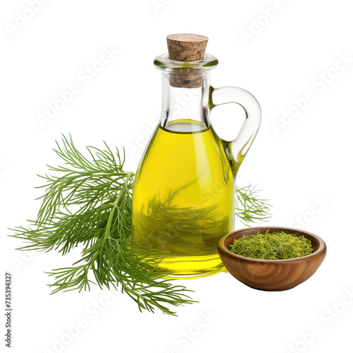 fresh raw organic dill oil in glass bowl png isolated on white background with clipping path. natural organic dripping serum herbal medicine rich of vitamins concept. selective focus