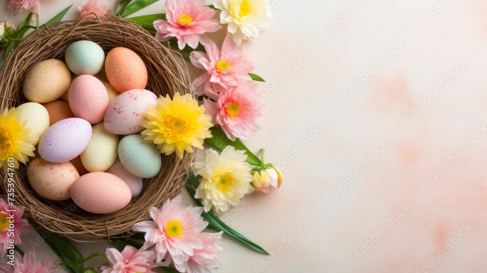 Birds Nest Filled With Eggs Surrounded by Flowers