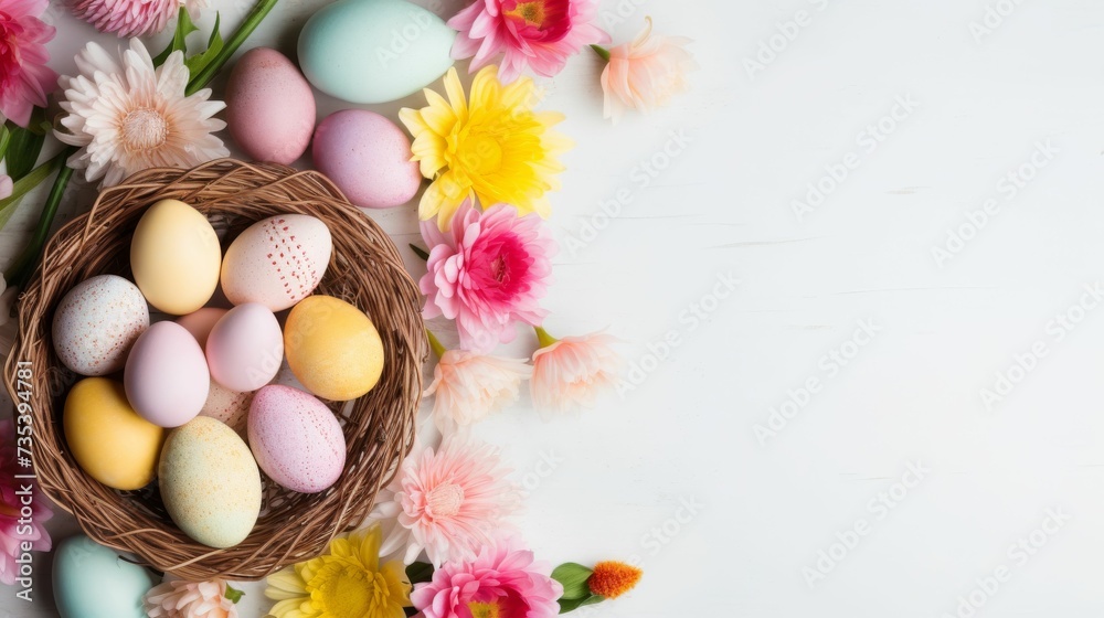 Birds Nest With Eggs and Flowers on a White Background