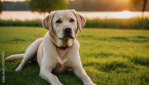 Labrador retriever, dog at dawn, purebred dog in nature, happy dog, beautiful dog photo