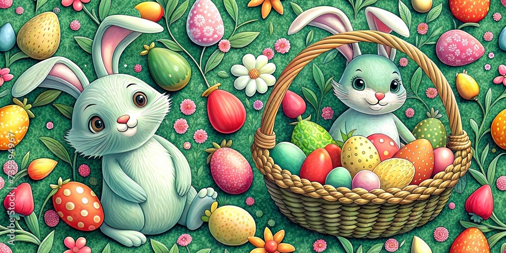 Seamless pattern for Easter Day, bunnies and eggs  in soft pastel colors on green background, watercolor illustration for textile or wallpaper