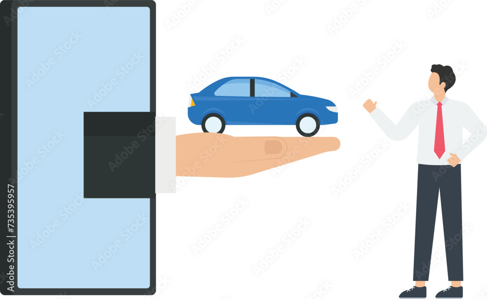 Businessman receives a car from a mobile phone from online dealership concept,
Businessman receives a car from a mobile phone from online dealership concept,