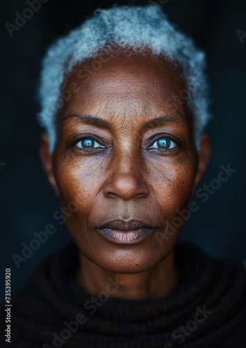 Afro American elder woman with piercing eyes and short hair