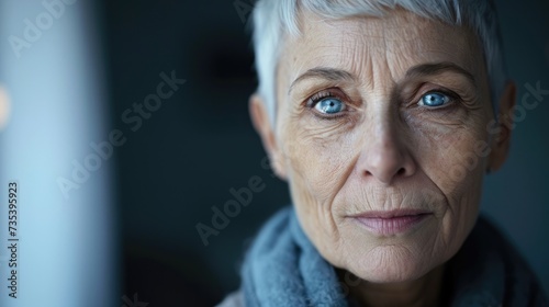 Scandinavian elder woman with piercing blue eyes and short hair