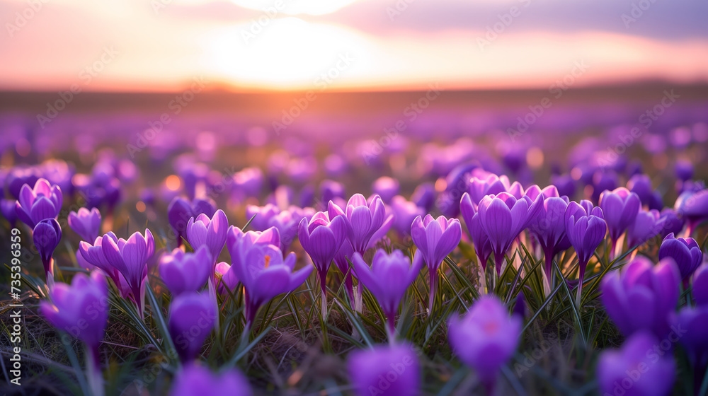 Purple crocuses blooming in spring, against the sunshine, saffron a living spice - obrazy, fototapety, plakaty 