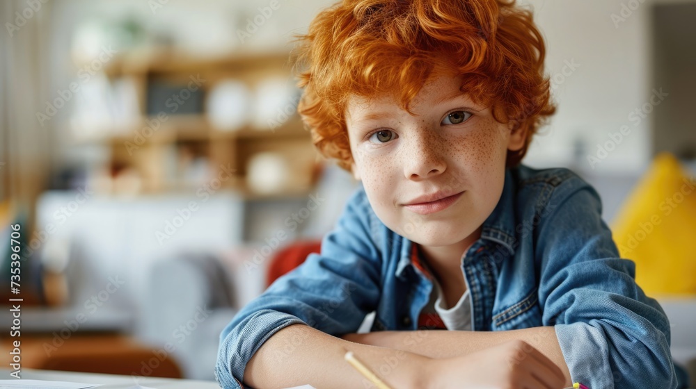 little schoolboy with ginger hair. sit at the table, look bored, doing homework little schoolboy with ginger hair. sit at the table, look bored, doing homework