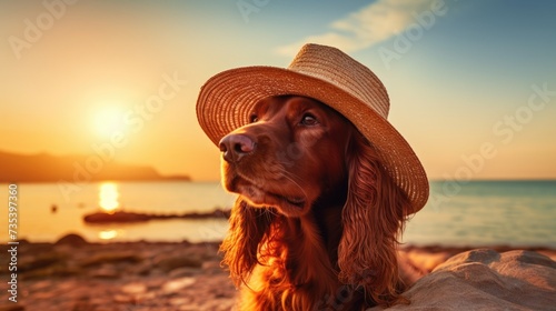 Irish setter wear straw hat with large brim, sunrise beach on background