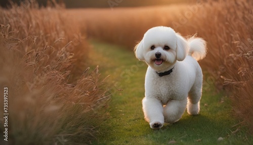 Maltese lapdog, dog at dawn, purebred dog in nature, happy dog, beautiful dog photo