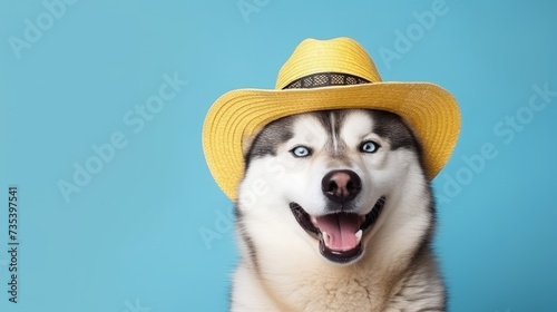 Husky dog wear straw hat with large brim, clean pastel on background, free copy space on the left © Maryna