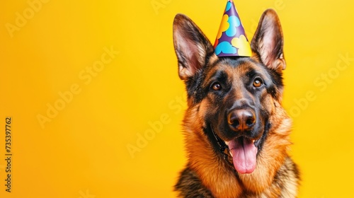 German Shepherd wear birthday hat
