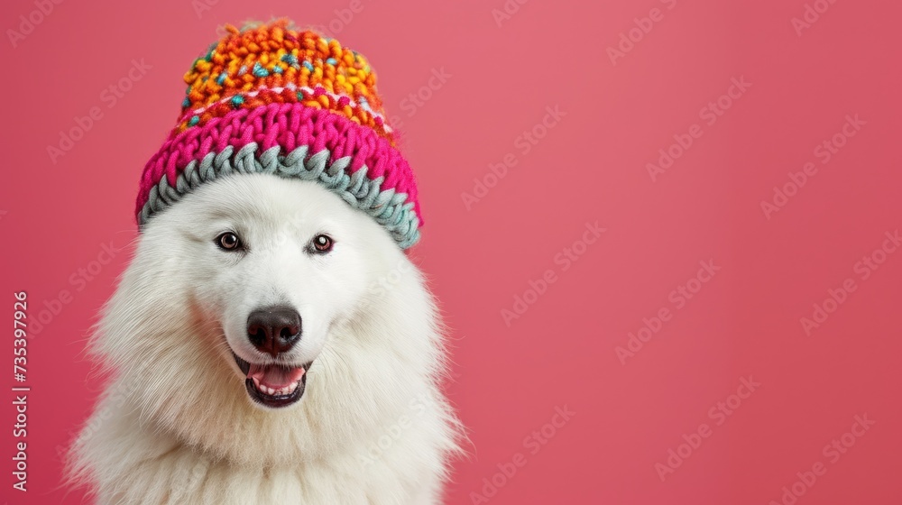 Samoyed dog wear colorful knitted hat, clean pastel background Samoyed dog wear colorful knitted hat, clean pastel background