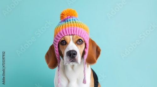 Beagle wear colorful knitted hat, clean pastel background © Maryna