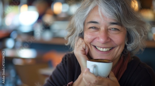 Joyful Senior Woman with Gray Hair Enjoying a Cup of Coffee AI Generated.