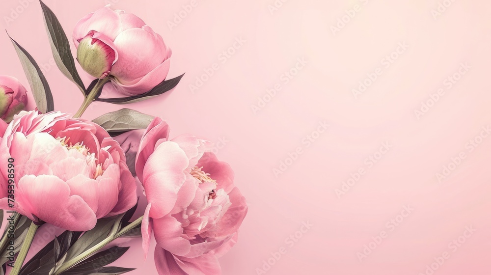 sale banner with peony flowers , top view, free copy space