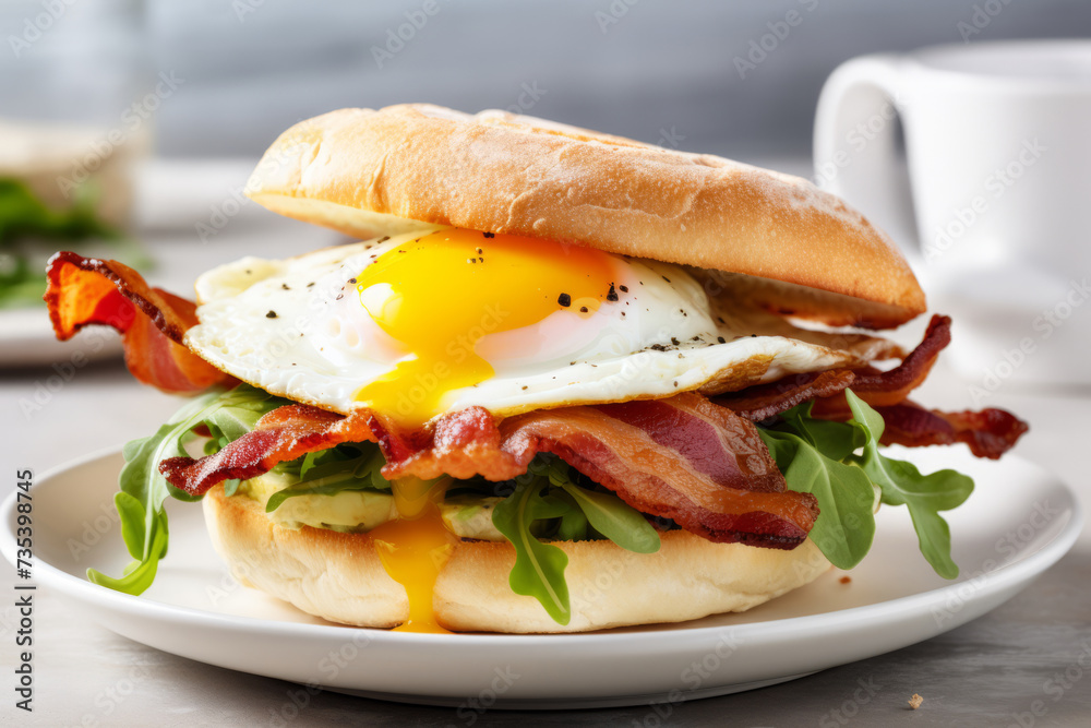 Bacon and egg breakfast sandwich in a white kitchen on the table with a ...