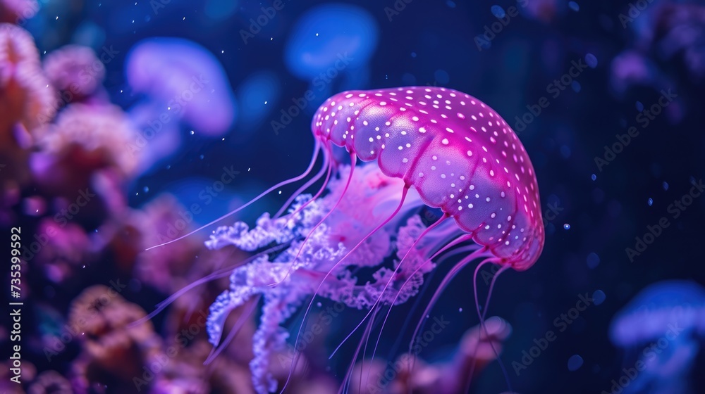 Obraz premium beautiful neon pink jellyfish, underwater life near Palau, high resolution, 4k, captured by hasselblad x1d --ar 16:9 --v 6 Job ID: 55539950-7cd9-4881-a6a4-a360fd1a9cf5