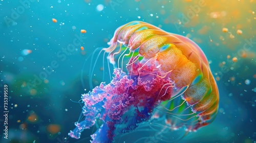 beautiful rainbow colored jellyfish, underwater life near Palau, --ar 16:9 --v 6 Job ID: b1124ca2-d2bd-4f98-80e1-0f25bdddfe27 photo