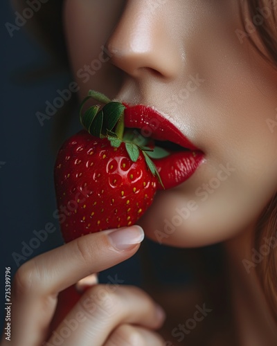 Close-up portrait of female lips with strawberry. Beauty, fashion.
