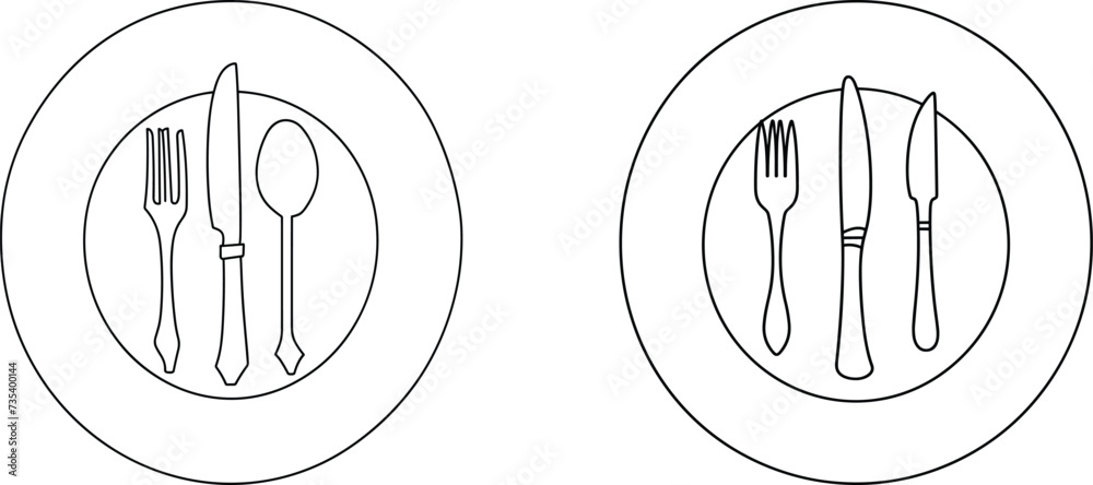 
plate knife and fork line art vector, dining utensils illustration, cutlery, minimalist tableware design, kitchenware line drawing