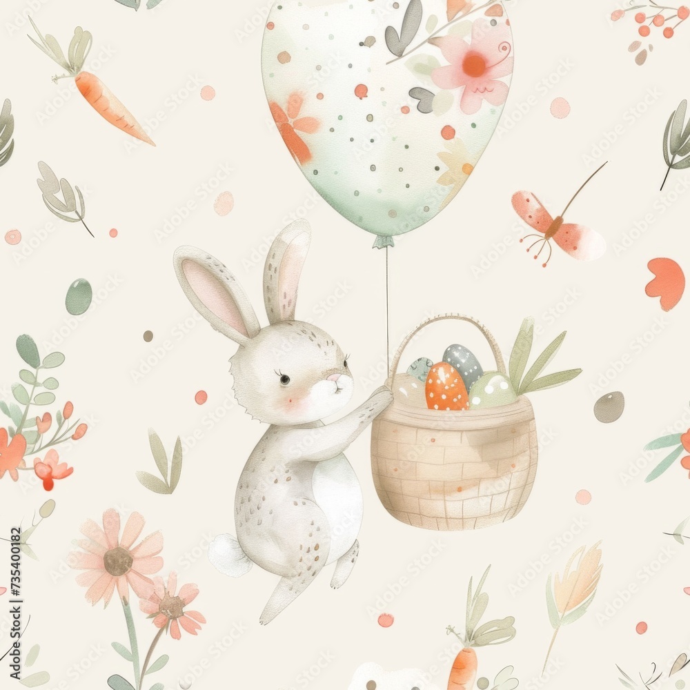 Seamless pattern. Happy Easter postcard. Whimsical illustration of a cute bunny with angel wings sitting in a serene spring garden. Cute animal for kids room, children wallpaper  decor, textile.