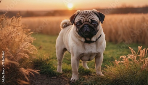 pug, dog at dawn, purebred dog in nature, happy dog, beautiful dog photo
