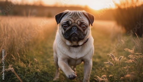 pug, dog at dawn, purebred dog in nature, happy dog, beautiful dog photo