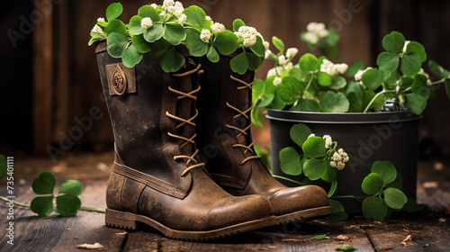 Saint Patrick's Day card, leather boots with clover on a wooden background