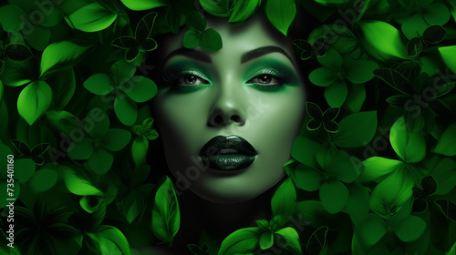 portrait of a woman in green colors in a green leaf, postcard for St. Patrick's Day