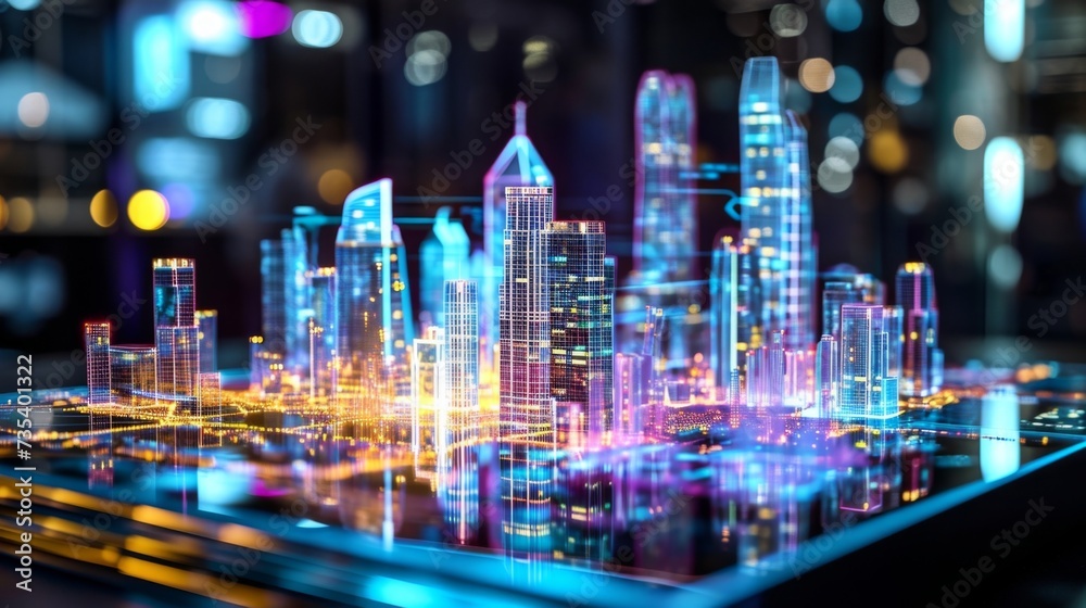 In the holographic city model each buildings unique features and data points are highlighted allowing for precise optimization of resources and services. In the holographic city model each buildings unique features and data points are highlighted allowing for precise optimization of resources and services.