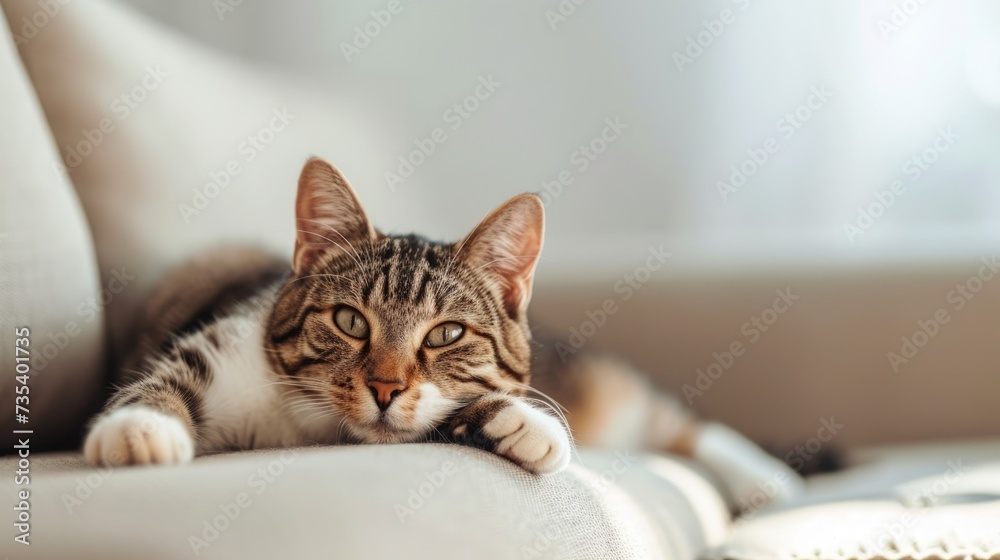 cat, look at camera, lay on the sofa, light-filled room