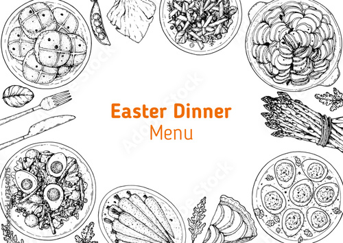 Easter food hand drawn sketch. Vector illustration. Festive table with Easter food. Engraved illustration. Menu set.