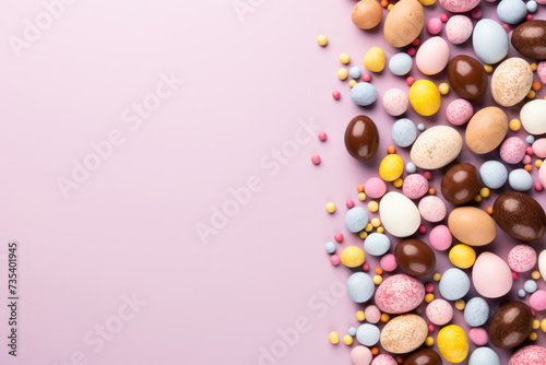 Chocolate Easter eggs on a pastel background with candy around with empty space in the middle