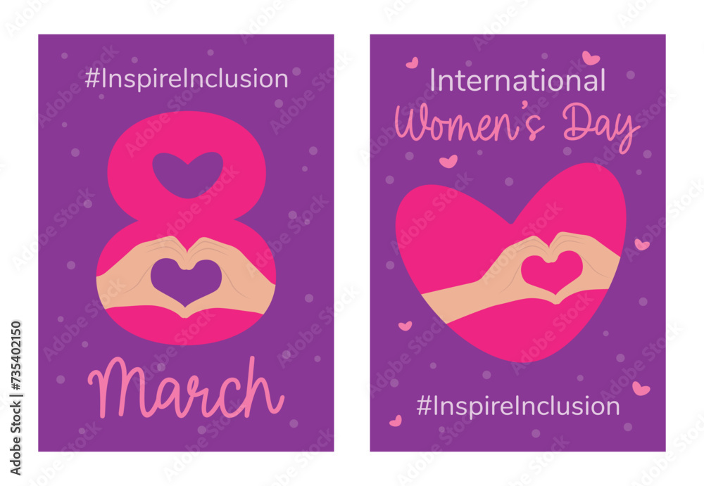 Set of greeting cards with a woman, hands like a heart, March 8, International Women's Day. Inspireinclusion. Flat Vector Illustration EPS10 Set of greeting cards with a woman, hands like a heart, March 8, International Women's Day. Inspireinclusion. Flat Vector Illustration EPS10