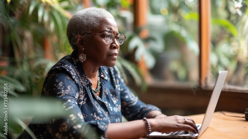 senior African American woman work in office with laptop