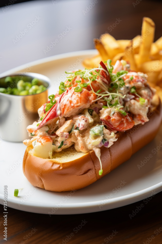 Lobster roll with greens on a brioche bun for lunch close up Lobster roll with greens on a brioche bun for lunch close up