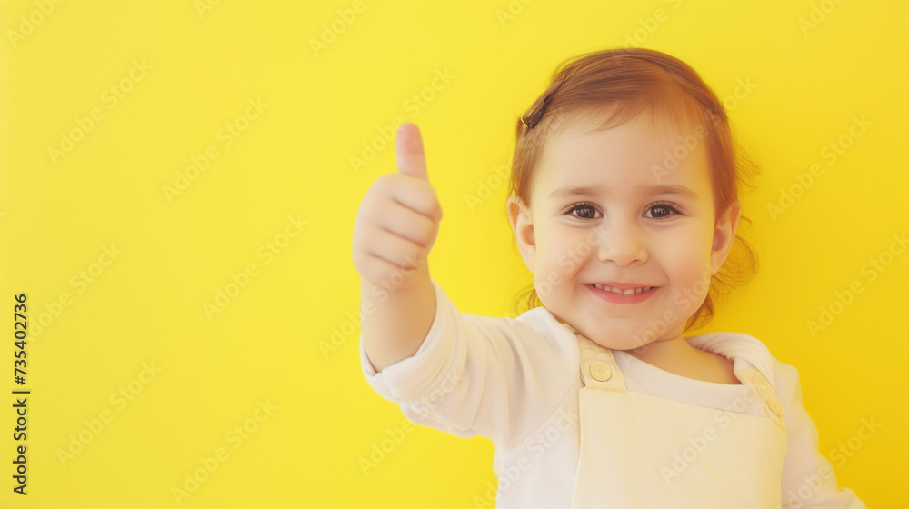 Retrato de uma menina bonitinha mostrando os polegares para cima em um fundo amarelo - obrazy, fototapety, plakaty 