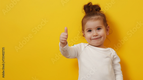 Retrato de uma menina bonitinha mostrando os polegares para cima em um fundo amarelo photo