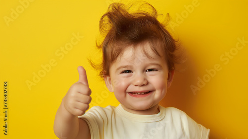 Retrato de uma menina bonitinha mostrando os polegares para cima em um fundo amarelo