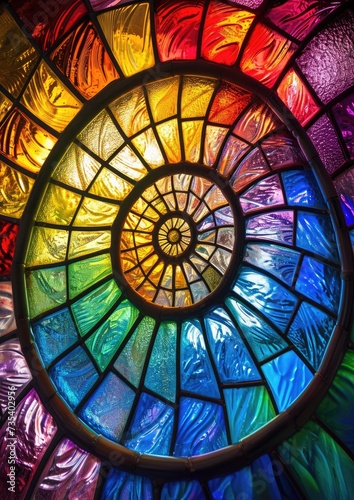 stained glass abstract background, snail shell shape , rainbow colored