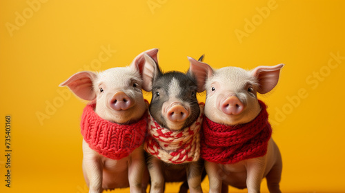 .Several adorable little piglets stand with red scarves, happy and smiling, in front of a yellow monochrome background, in the style of funny and irresistible pets. © Popovo
