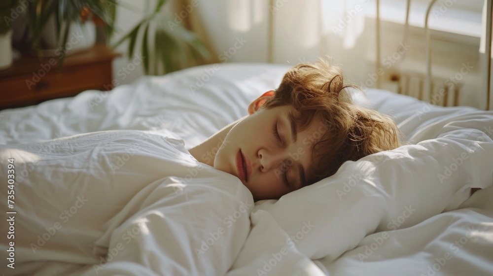 photo of teenager sleep relaxed on the bed, wear pajamas, white bedlinen, close up side view, minimalistic interior, soft light, --ar 16:9 --v 6 Job ID: 868f371a-f9f4-4808-8a3f-7bf7bf93a1a5 photo of teenager sleep relaxed on the bed, wear pajamas, white bedlinen, close up side view, minimalistic interior, soft light, --ar 16:9 --v 6 Job ID: 868f371a-f9f4-4808-8a3f-7bf7bf93a1a5