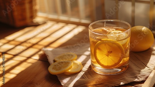 a glass of ginger tea adorned with lemon slices, placed on a wooden table.