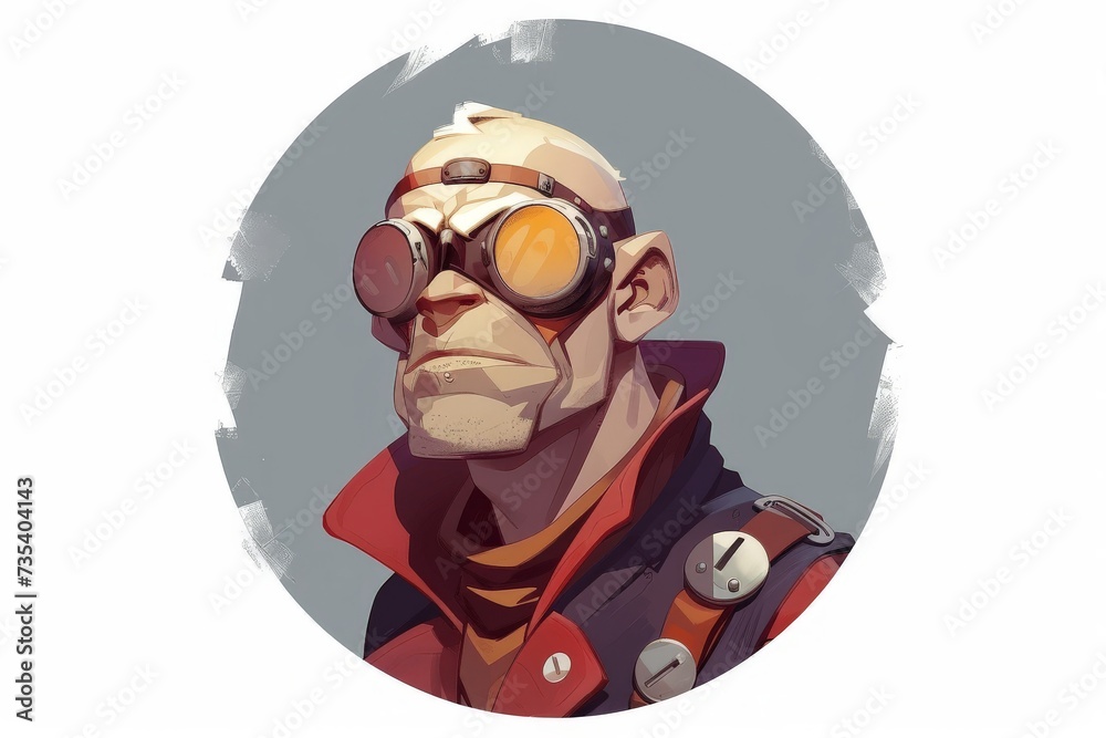 a circle frame portrait of a atom punk man, game character, 2d, white background 