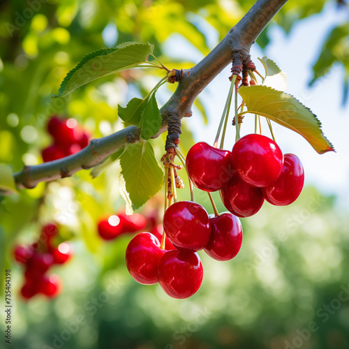 close-up of a fresh ripe cherries hang on branch tree. autumn farm harvest and urban gardening concept with natural green foliage garden at the background. selective focus photo