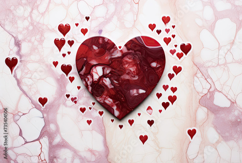 Red Heart Surrounded by Hearts on Marble Background